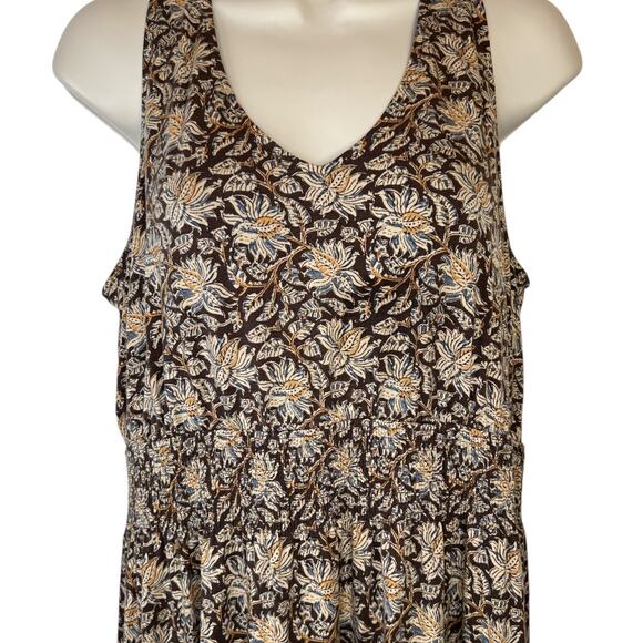 GARNET HILL Easy Smocked Maxi Dress Floral Print in Brown and Blue Women's Large - Picture 3 of 14